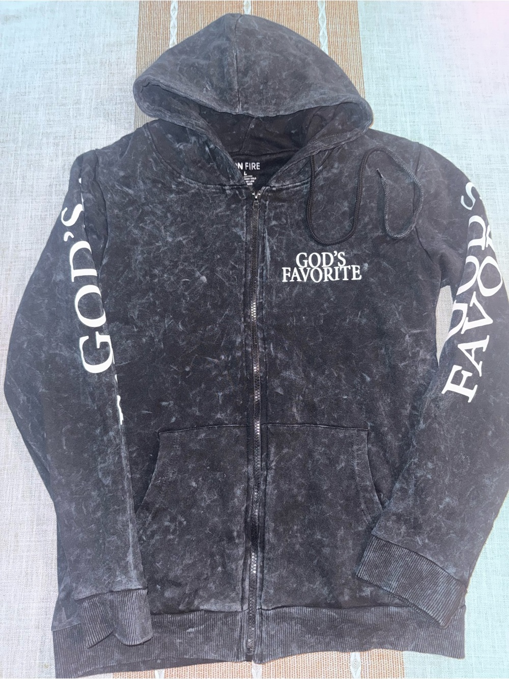 On Fire Black Mineral-Wash Zip Hoodie with White GOD'S FAVORITE Print